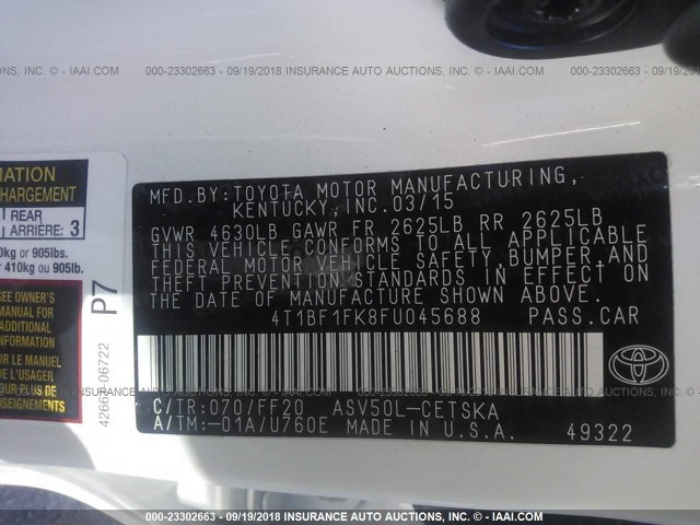 4T1BF1FK8FU045688 - 2015 TOYOTA CAMRY LE/XLE/SE/XSE 白色 照片 9