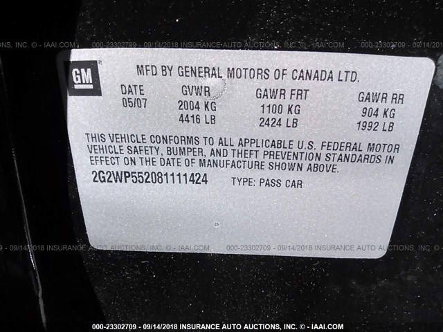 2G2WP552081111424 - 2008 PONTIAC GRAND PRIX BLACK photo 9