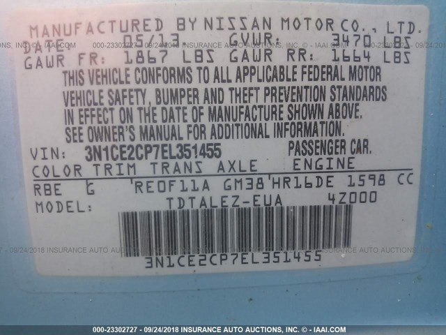 3N1CE2CP7EL351455 - 2014 NISSAN VERSA NOTE S/S PLUS/SV/SL Light Blue photo 9