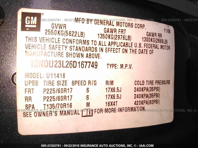 1GNDU23L26D167749 - 2006 CHEVROLET UPLANDER LS 绿色 照片 9