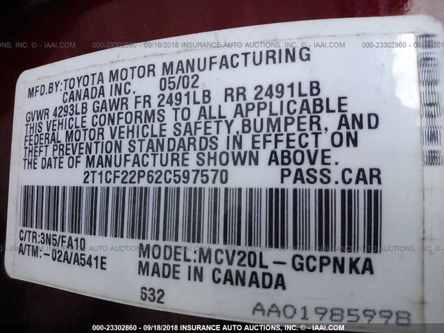 2T1CF22P62C597570 - 2002 TOYOTA CAMRY SOLARA SE/SLE წითელი ფოტო 9