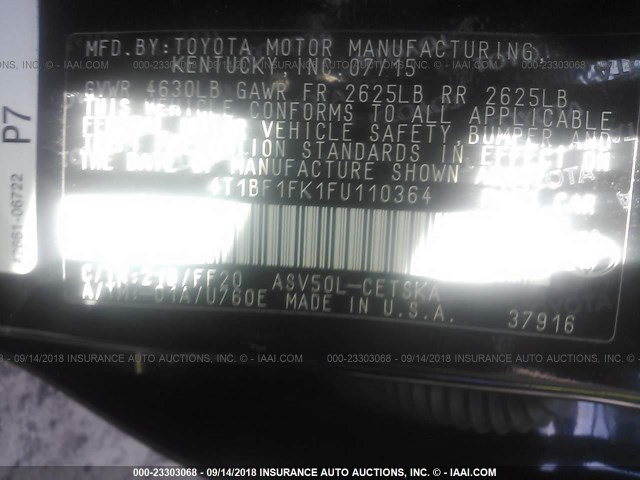 4T1BF1FK1FU110364 - 2015 TOYOTA CAMRY LE/XLE/SE/XSE 黑色 照片 9