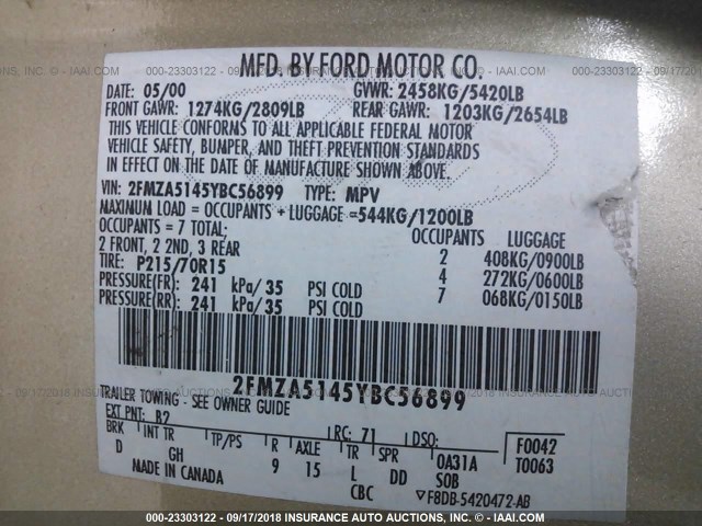 2FMZA5145YBC56899 - 2000 FORD WINDSTAR LX GOLD photo 9