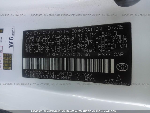 JTKDE177760078546 - 2006 TOYOTA SCION TC 白色 照片 9