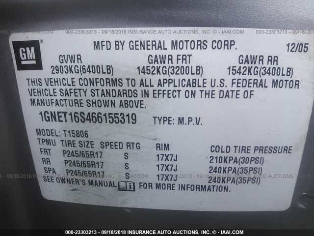 1GNET16S466155319 - 2006 CHEVROLET TRAILBLAZER EXT LS/EXT LT SILVER photo 9