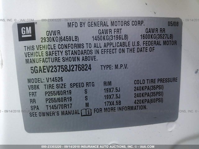 5GAEV23758J276824 - 2008 BUICK ENCLAVE CXL 白色 照片 9