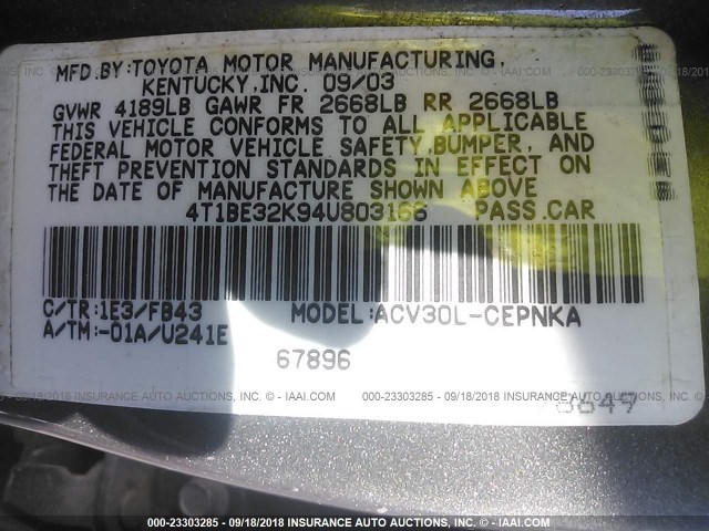 4T1BE32K94U803166 - 2004 TOYOTA CAMRY LE/XLE/SE Сұр фото 9