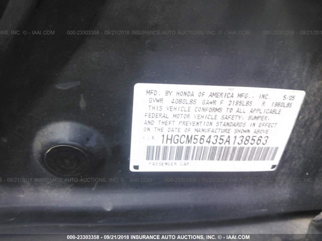 1HGCM56435A138563 - 2005 HONDA ACCORD LX BLACK photo 9