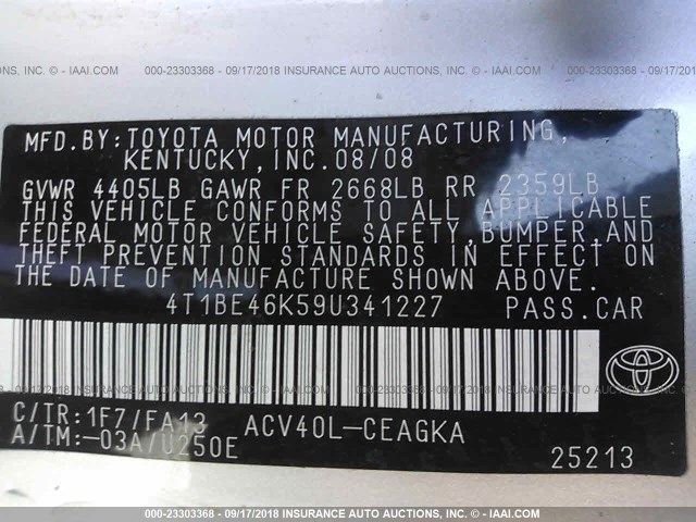 4T1BE46K59U341227 - 2009 TOYOTA CAMRY SE/LE/XLE 银色 照片 9