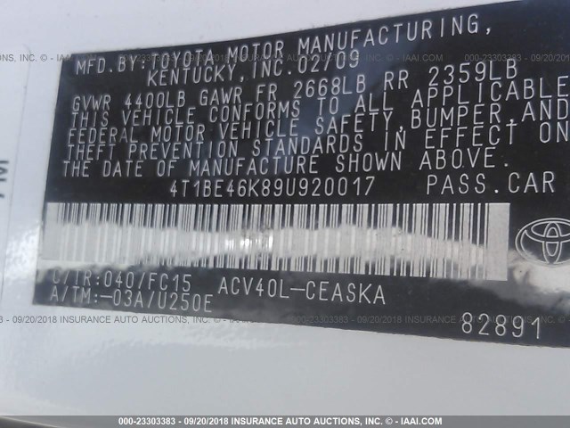 4T1BE46K89U920017 - 2009 TOYOTA CAMRY SE/LE/XLE 白色 照片 9