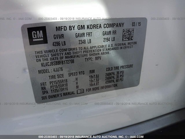 KL4CJBSB8FB172708 - 2015 BUICK ENCORE CONVENIENCE 白色 照片 9