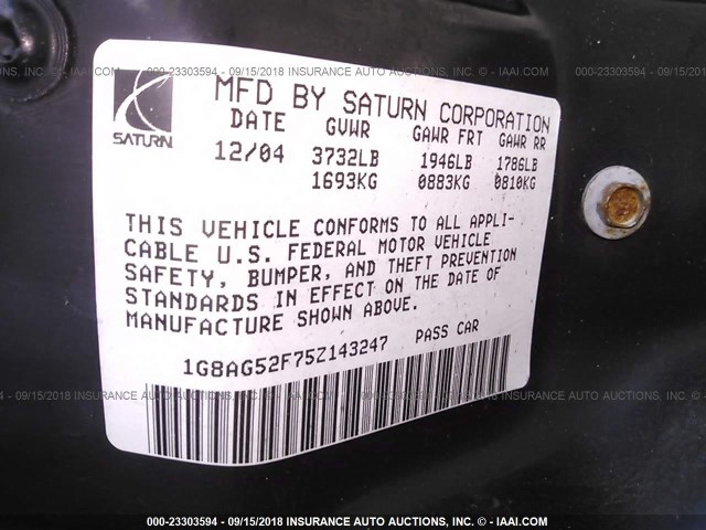 1G8AG52F75Z143247 - 2005 SATURN ION LEVEL 1 GRAY photo 9