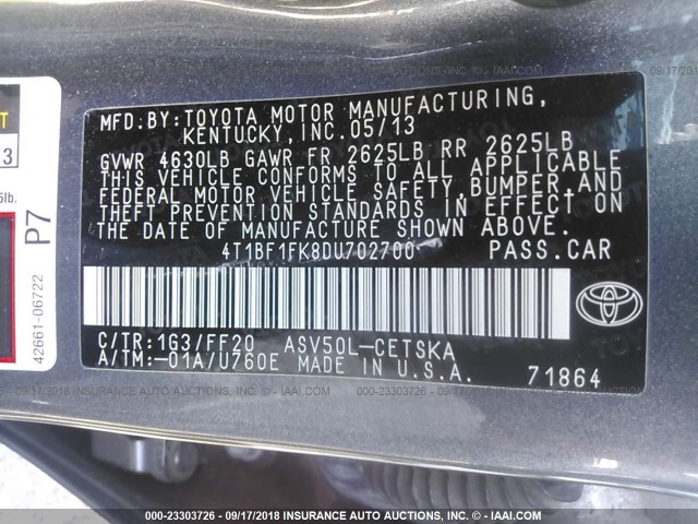 4T1BF1FK8DU702700 - 2013 TOYOTA CAMRY L/SE/LE/XLE Boz foto 9