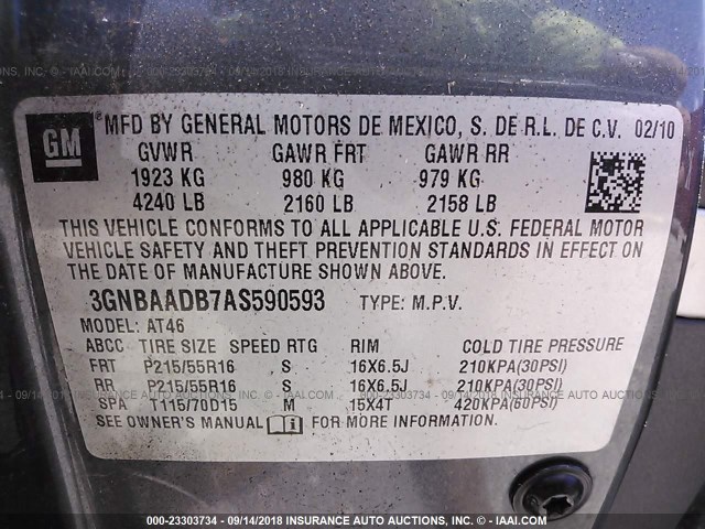 3GNBAADB7AS590593 - 2010 CHEVROLET HHR LS Gris foto 9