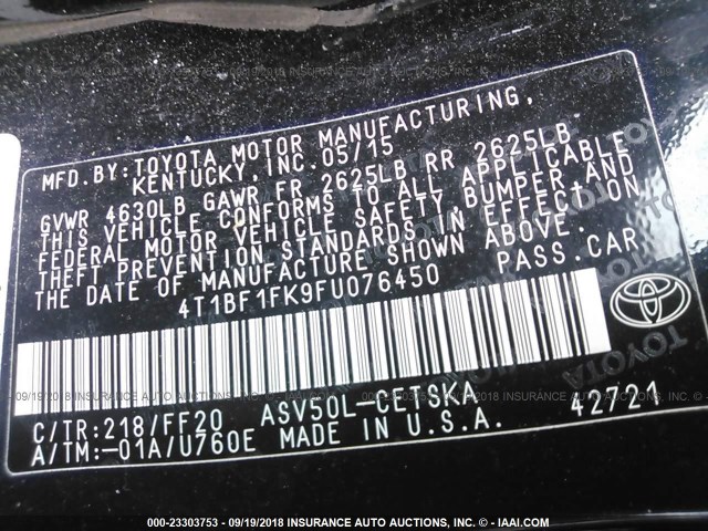 4T1BF1FK9FU076450 - 2015 TOYOTA CAMRY LE/XLE/SE/XSE 黑色 照片 9