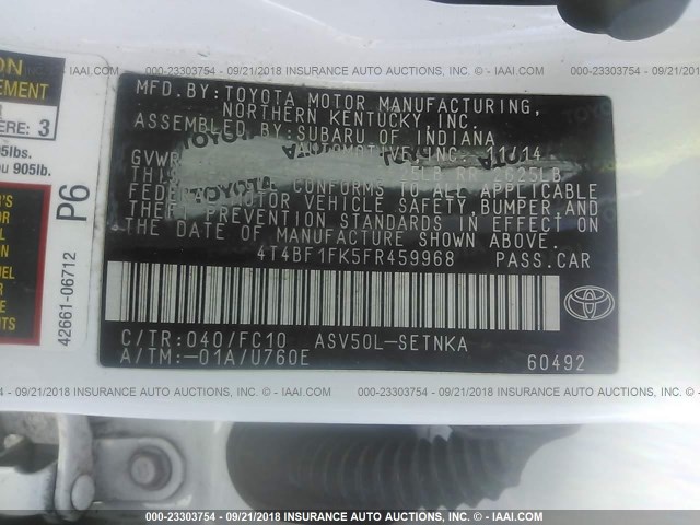 4T4BF1FK5FR459968 - 2015 TOYOTA CAMRY LE/XLE/SE/XSE 白色 照片 9