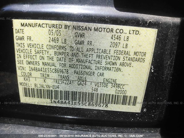 1N4BA41E55C869678 - 2005 NISSAN MAXIMA SE/SL BLACK photo 9