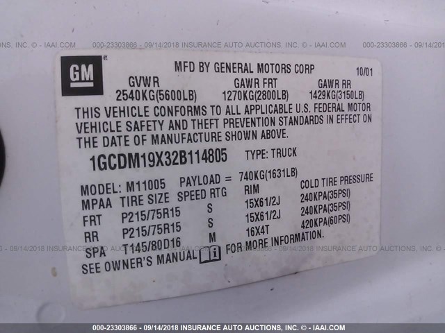 1GCDM19X32B114805 - 2002 CHEVROLET ASTRO WHITE photo 9