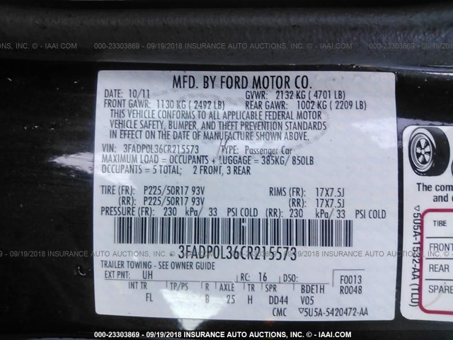 3FADP0L36CR215573 - 2012 FORD FUSION HYBRID BLACK photo 9