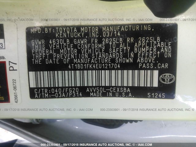 4T1BD1FK4EU121704 - 2014 TOYOTA CAMRY HYBRID/LE/XLE 白色 照片 9