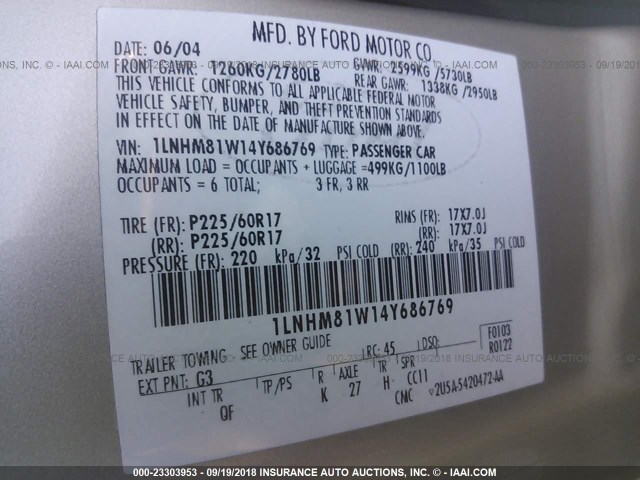 1LNHM81W14Y686769 - 2004 LINCOLN TOWN CAR EXECUTIVE/SIGNATURE ოქროსფერი ფოტო 9