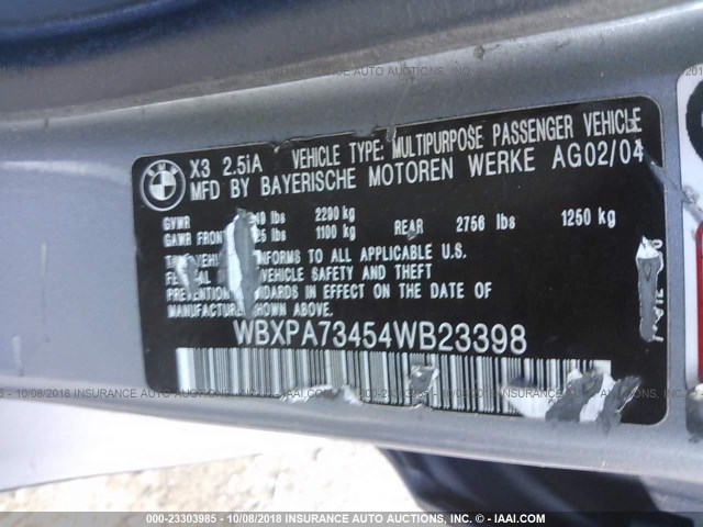 WBXPA73454WB23398 - 2004 BMW X3 2.5I GRAY photo 9