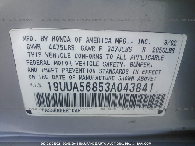 19UUA56853A043841 - 2003 ACURA 3.2TL TYPE-S SILVER photo 9