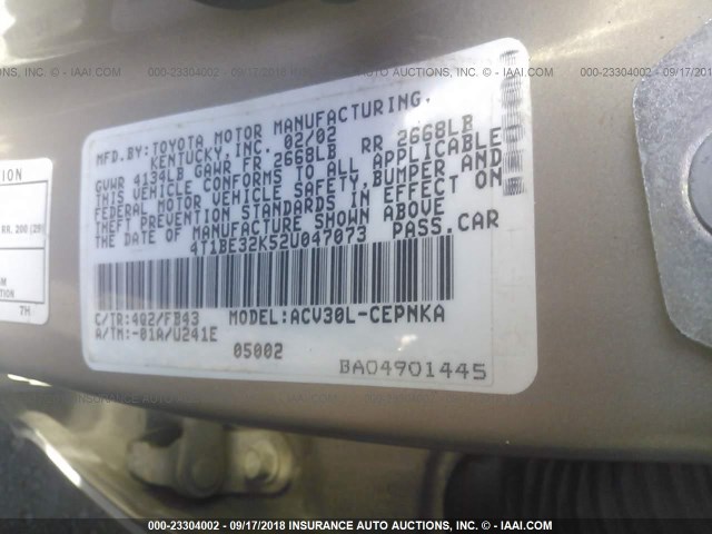 4T1BE32K52U047073 - 2002 TOYOTA CAMRY LE/XLE/SE 棕色 照片 9