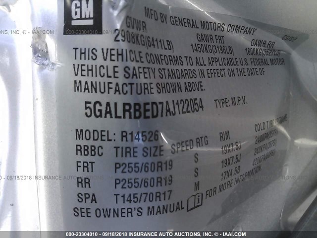 5GALRBED7AJ122054 - 2010 BUICK ENCLAVE CXL 银色 照片 9