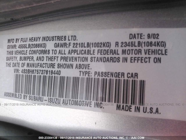 4S3BH675737619440 - 2003 SUBARU LEGACY OUTBACK AWP SILVER photo 9