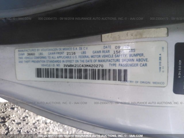 3VWBK21C43M420270 - 2003 VOLKSWAGEN NEW BEETLE GL 银色 照片 9