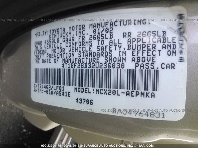 4T1BF28B32U236030 - 2002 TOYOTA AVALON XL/XLS TAN photo 9