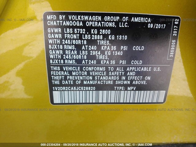 1V2DR2CA5JC528820 - 2018 VOLKSWAGEN ATLAS SE GOLD photo 9