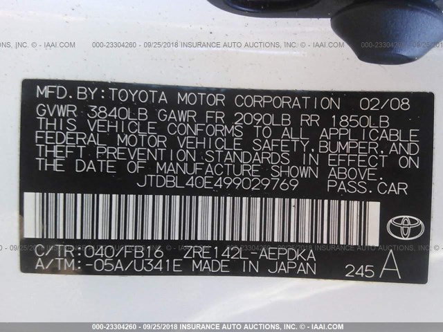 JTDBL40E499029769 - 2009 TOYOTA COROLLA LE/XLE WHITE photo 9