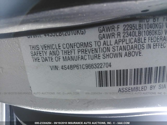 4S4BP61C966322704 - 2006 SUBARU LEGACY OUTBACK 2.5I SILVER photo 9