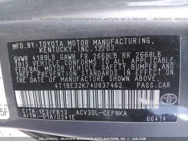4T1BE32K74U837462 - 2004 TOYOTA CAMRY LE/XLE/SE Boz foto 9