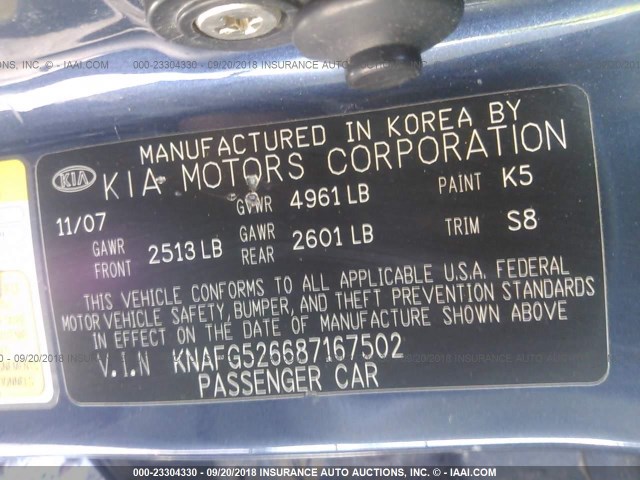 KNAFG526687167502 - 2008 KIA RONDO LX/EX BLUE photo 9