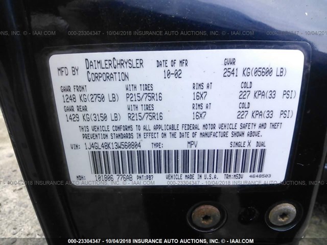 1J4GL48K13W560804 - 2003 JEEP LIBERTY SPORT/FREEDOM ლურჯი ფოტო 9