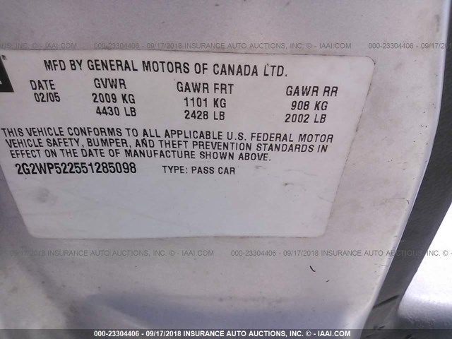 2G2WP522551285098 - 2005 PONTIAC GRAND PRIX Сріблястий фото 9