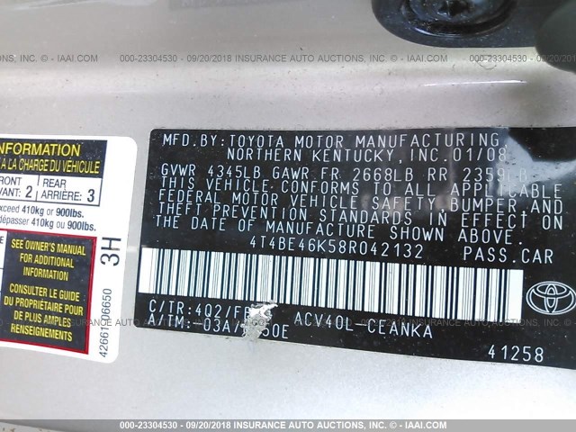 4T4BE46K58R042132 - 2008 TOYOTA CAMRY CE/LE/XLE/SE GOLD photo 9