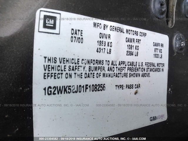 1G2WK52J01F108256 - 2001 PONTIAC GRAND PRIX SE თაფლისფერი ფოტო 9