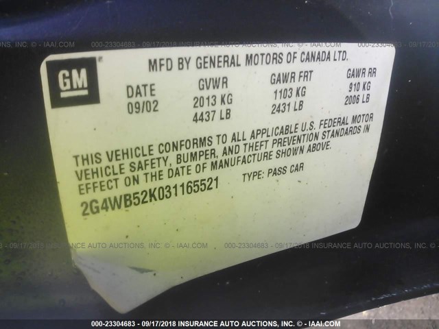 2G4WB52K031165521 - 2003 BUICK REGAL LS BLUE photo 9