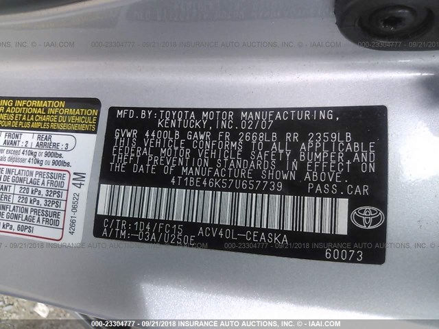 4T1BE46K57U657739 - 2007 TOYOTA CAMRY NEW GENERAT CE/LE/XLE/SE SILVER photo 9