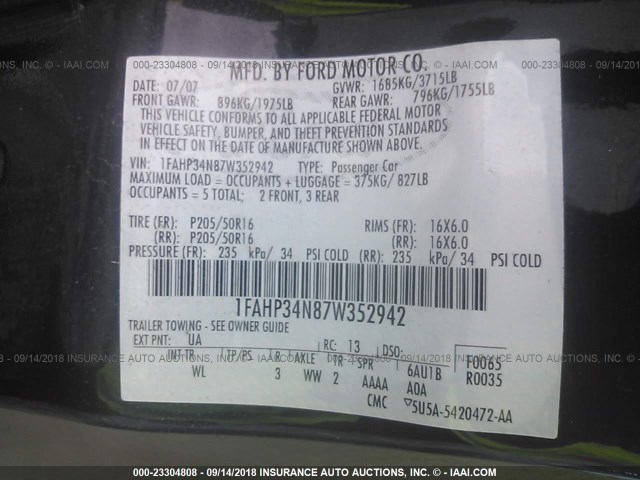 1FAHP34N87W352942 - 2007 FORD FOCUS ZX4/S/SE/SES Қара фото 9