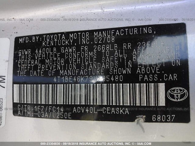 4T1BE46K79U795480 - 2009 TOYOTA CAMRY SE/LE/XLE SILVER photo 9