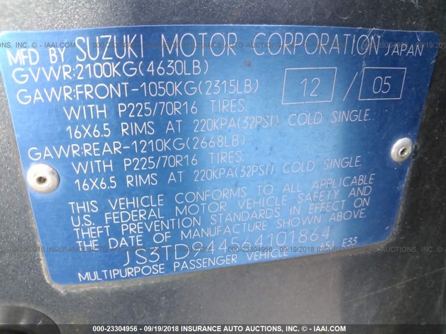 JS3TD944564101864 - 2006 SUZUKI GRAND VITARA XSPORT Light Blue photo 9