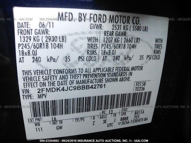 2FMDK4JC9BBB42761 - 2011 FORD EDGE SEL BLUE photo 9