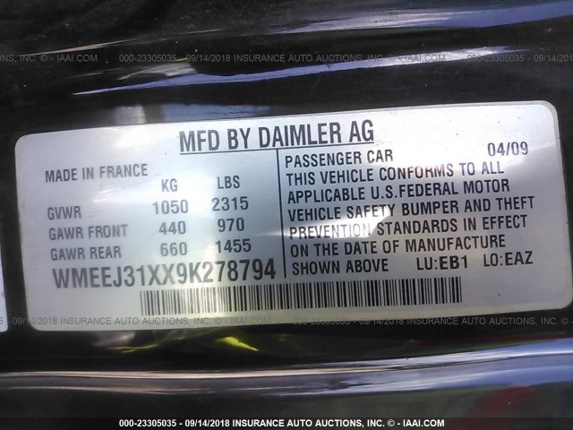 WMEEJ31XX9K278794 - 2009 SMART FORTWO PURE/PASSION WHITE photo 9