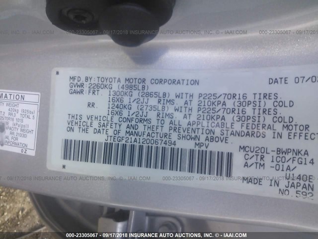 JTEGF21A120067494 - 2002 TOYOTA HIGHLANDER LIMITED SILVER photo 9