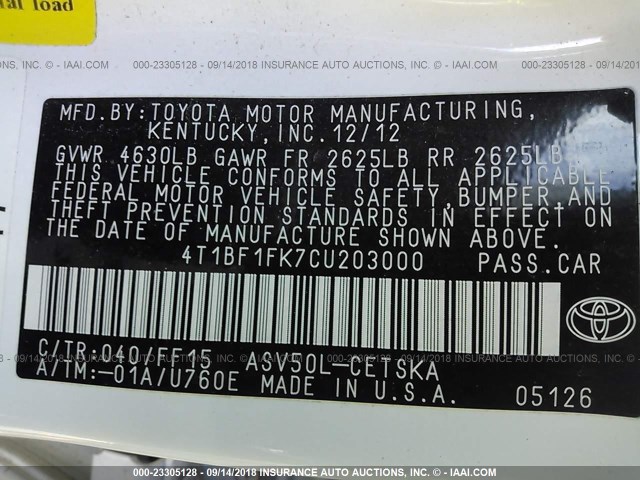 4T1BF1FK7CU203000 - 2012 TOYOTA CAMRY SE/LE/XLE WHITE photo 9